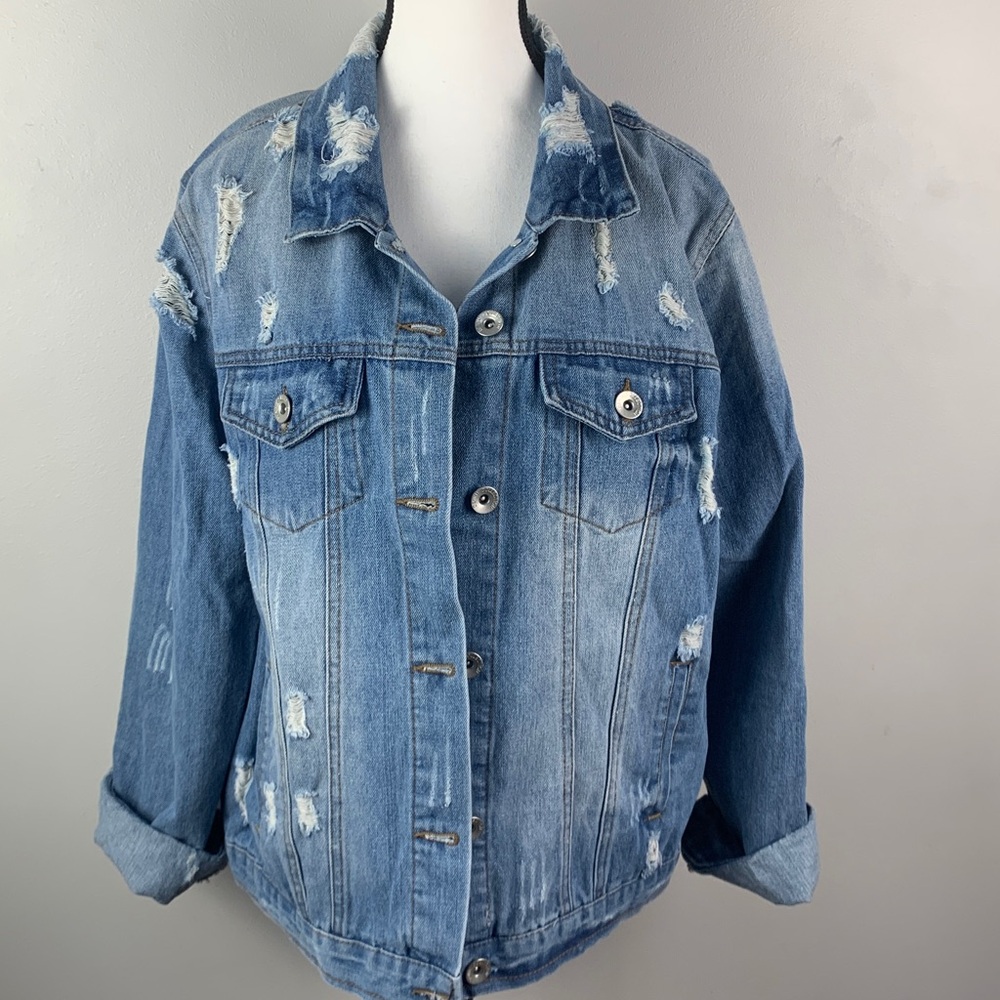 Ci Sono Deconstructed Denim Boyfriend Jacket Intentionally Distressed - Picture 7 of 9